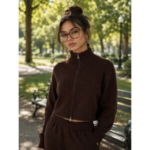 Cernucci Rib Knit Zip Funnel Neck, Brown, Large